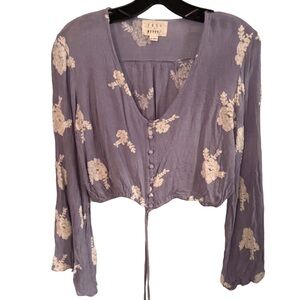 Lost + Wander Iris Crop Top Button Down White Floral Embroidery Bell Sleeves| M